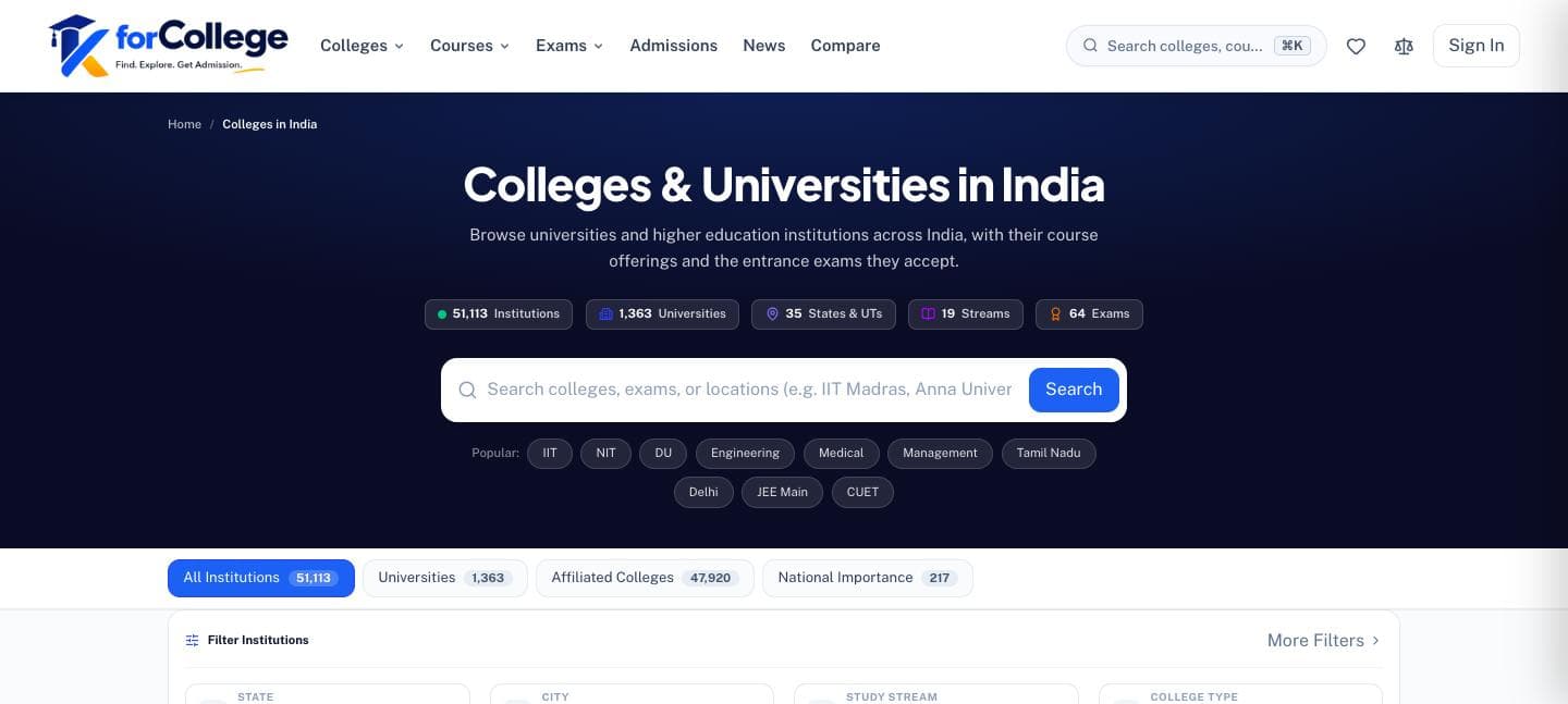 The KforCollege directory, showing counts for institutions, universities, states and streams above a filter panel.