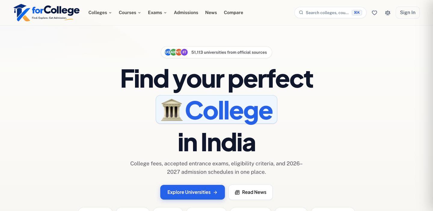 KforCollege homepage, showing the search entry point and the count of institutions held.